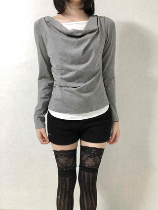 Drape Neck Slim Fit Shirred Long Sleeve Tee