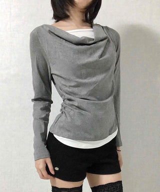 Drape Neck Slim Fit Shirred Long Sleeve Tee