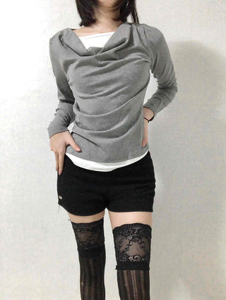 Drape Neck Slim Fit Shirred Long Sleeve Tee