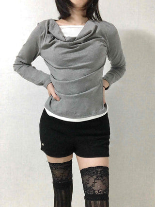 Drape Neck Slim Fit Shirred Long Sleeve Tee