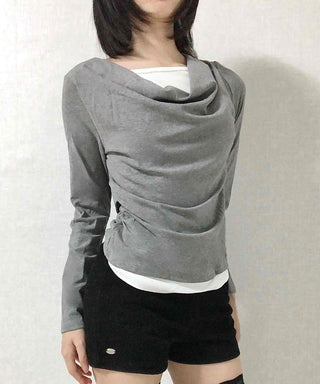 Drape Neck Slim Fit Shirred Long Sleeve Tee