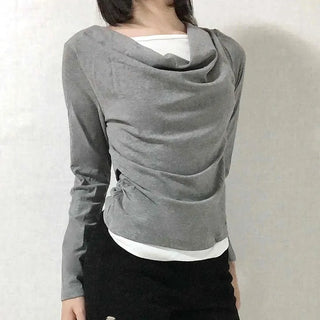 Drape Neck Slim Fit Shirred Long Sleeve Tee