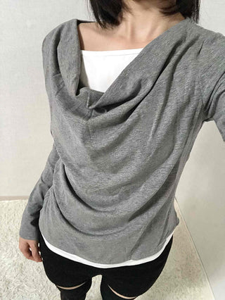 Drape Neck Slim Fit Shirred Long Sleeve Tee