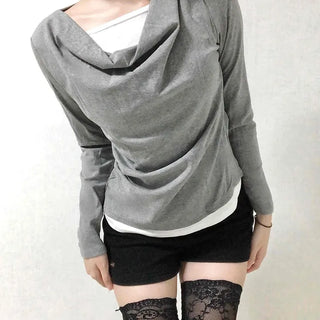 Drape Neck Slim Fit Shirred Long Sleeve Tee