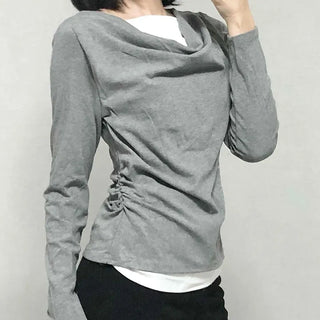 Drape Neck Slim Fit Shirred Long Sleeve Tee