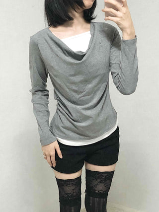 Drape Neck Slim Fit Shirred Long Sleeve Tee
