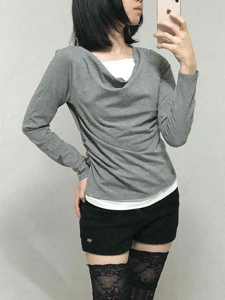 Drape Neck Slim Fit Shirred Long Sleeve Tee