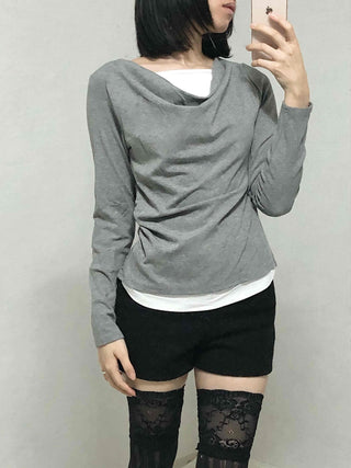 Drape Neck Slim Fit Shirred Long Sleeve Tee