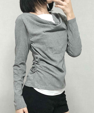 Drape Neck Slim Fit Shirred Long Sleeve Tee