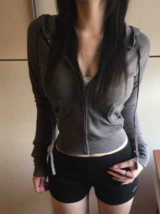 Soft Loose Hoodie Crop Zip-up