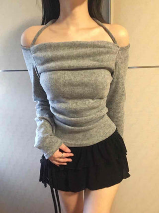 Delicate Fit Off-Shoulder Slim Turtleneck Long Sleeve T-shirt