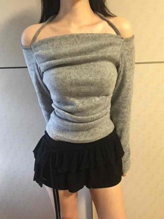 Delicate Fit Off-Shoulder Slim Turtleneck Long Sleeve T-shirt