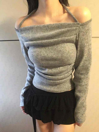 Delicate Fit Off-Shoulder Slim Turtleneck Long Sleeve T-shirt