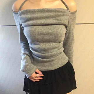 Delicate Fit Off-Shoulder Slim Turtleneck Long Sleeve T-shirt
