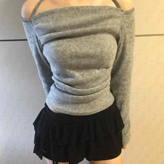 Delicate Fit Off-Shoulder Slim Turtleneck Long Sleeve T-shirt