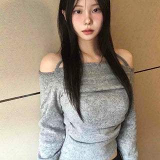 Delicate Fit Off-Shoulder Slim Turtleneck Long Sleeve T-shirt