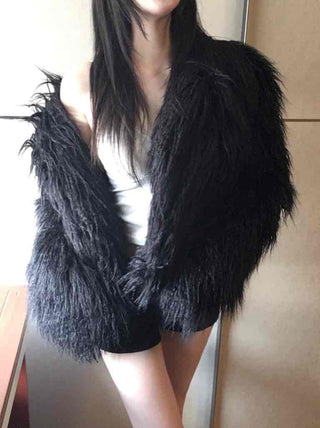 Shaggy Solid Snap Button Cardigan Fur Jacket