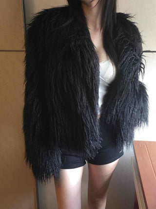 Shaggy Solid Snap Button Cardigan Fur Jacket