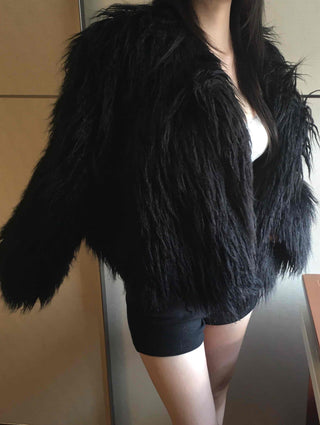 Shaggy Solid Snap Button Cardigan Fur Jacket