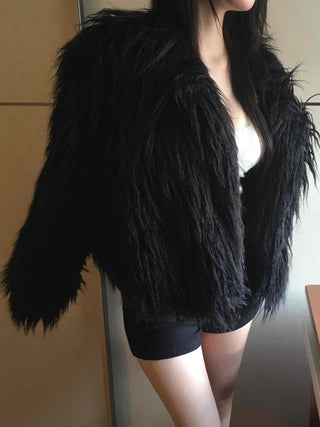 Shaggy Solid Snap Button Cardigan Fur Jacket