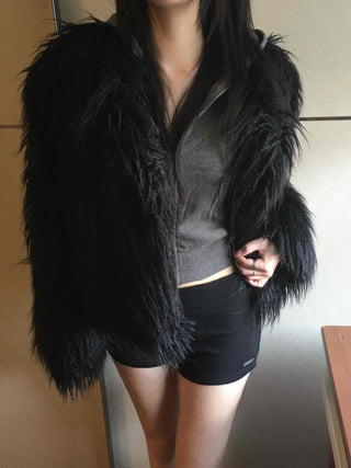 Shaggy Solid Snap Button Cardigan Fur Jacket