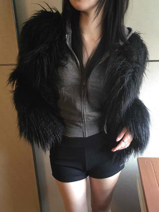 Shaggy Solid Snap Button Cardigan Fur Jacket