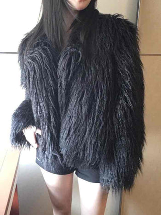 Shaggy Solid Snap Button Cardigan Fur Jacket