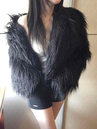 Shaggy Solid Snap Button Cardigan Fur Jacket
