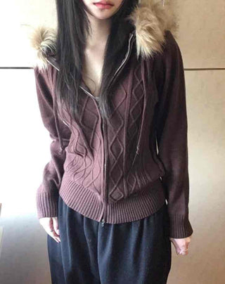 Deep V-neck Twist Pattern Fur Detail Knit Zip-up