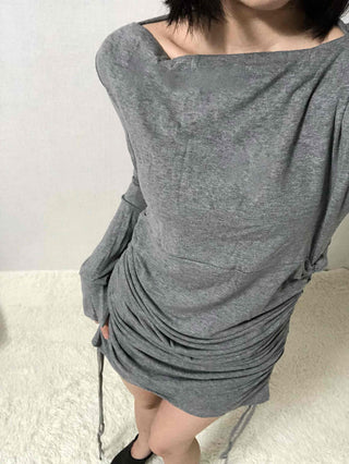 Shirred Drape Boat Neck Slim Fit Dress