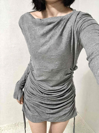 Shirred Drape Boat Neck Slim Fit Dress