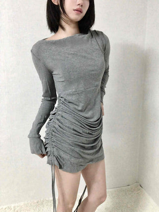 Shirred Drape Boat Neck Slim Fit Dress