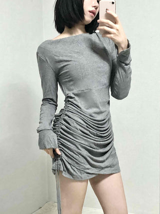 Shirred Drape Boat Neck Slim Fit Dress