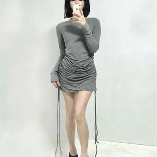 Shirred Drape Boat Neck Slim Fit Dress
