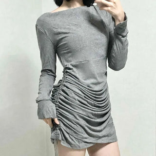 Shirred Drape Boat Neck Slim Fit Dress