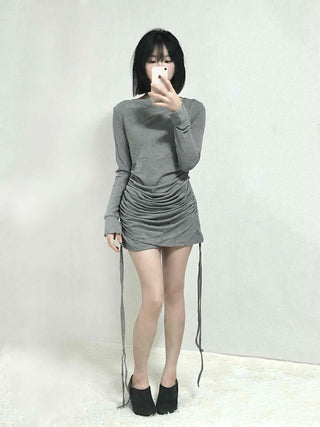 Shirred Drape Boat Neck Slim Fit Dress