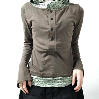 Hoodie Button Color Block Slim Fit Long Sleeve T-shirt