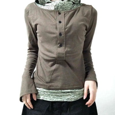 Hoodie Button Color Block Slim Fit Long Sleeve T-shirt
