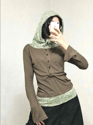 Hoodie Button Color Block Slim Fit Long Sleeve T-shirt