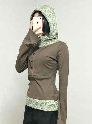 Hoodie Button Color Block Slim Fit Long Sleeve T-shirt