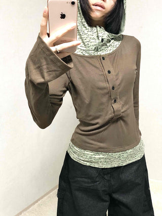 Hoodie Button Color Block Slim Fit Long Sleeve T-shirt