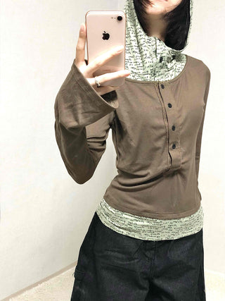 Hoodie Button Color Block Slim Fit Long Sleeve T-shirt