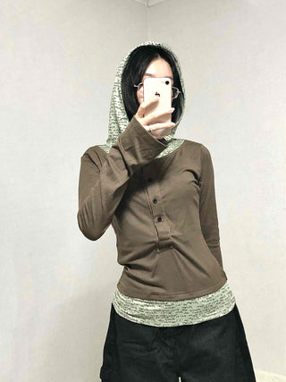 Hoodie Button Color Block Slim Fit Long Sleeve T-shirt