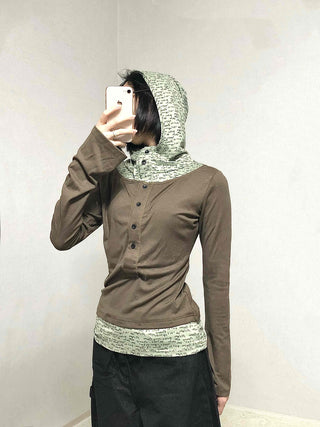 Hoodie Button Color Block Slim Fit Long Sleeve T-shirt
