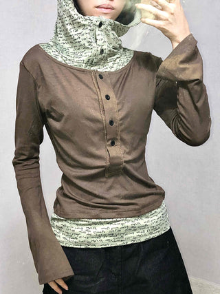 Hoodie Button Color Block Slim Fit Long Sleeve T-shirt