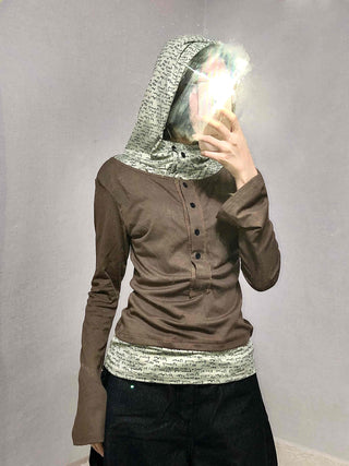 Hoodie Button Color Block Slim Fit Long Sleeve T-shirt