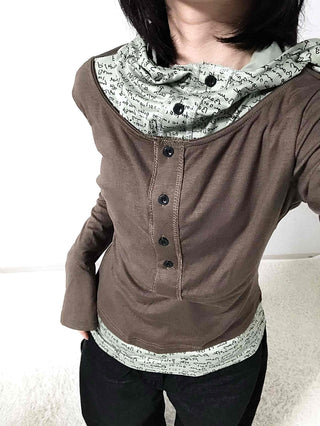 Hoodie Button Color Block Slim Fit Long Sleeve T-shirt