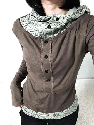 Hoodie Button Color Block Slim Fit Long Sleeve T-shirt
