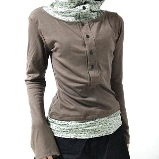 Hoodie Button Color Block Slim Fit Long Sleeve T-shirt