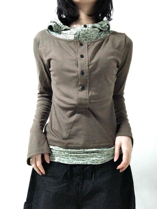 Hoodie Button Color Block Slim Fit Long Sleeve T-shirt
